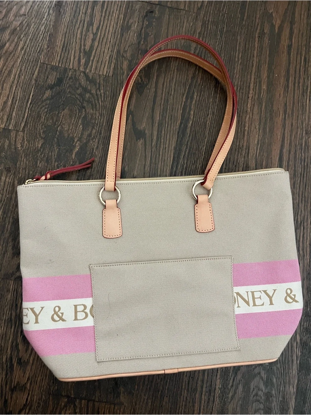 Dooney & Bourke Beige Canvas Tote with Pink Stripes and Tan Handles